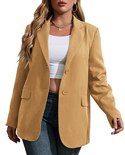 Womens Plus Size Casual Blazer Jackets Long Sleeve Open Front Buttons Work Office Lapel Blazers with Pockets 00-Brown
