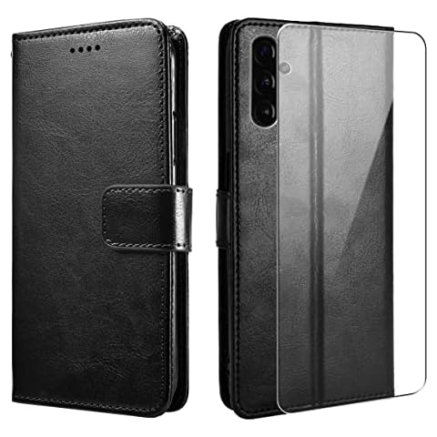 Case for Samsung Galaxy A13 5G, Black Kickstand Flip Wallet Protective Cover with One Tempered Glass Screen Protector for Samsung Galaxy A13 5G (6.5 Inch) Cover