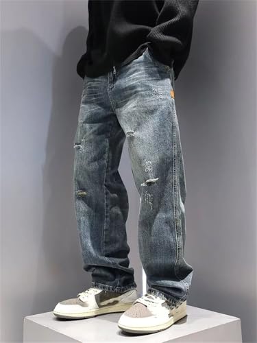 Men's Denim Pants Vintage Ripped Loose Straight Casual Denim Pants3