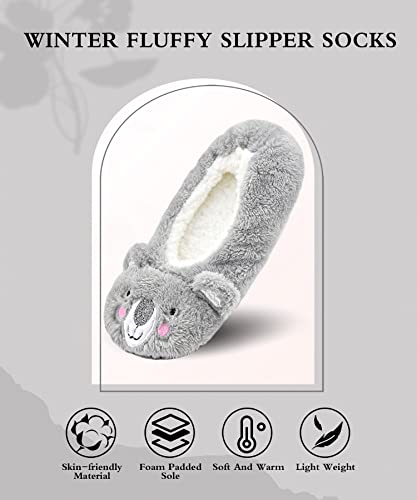 Image of Keyela Women Fuzzy Animal Slipper Socks, Non Slip Indoor House Slippers | Soft fuzzy plush material, cute animal design with gripper sole for bedroom, lounge indoor daily wear
