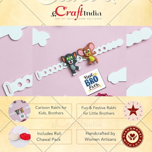Image of eCraftIndia Cartoon Rakhi for Kids Girls Boys with Best Bro Ever Fridge Magnet | Raksha Bandhan Kids Rakhi for Brother Bhaiya Bhai | Roli Chawal Pack