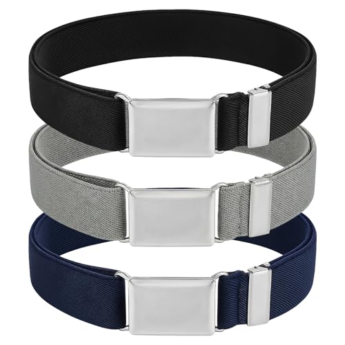 Larrel 3 Stück Elastische Gürtel Kinder, 2,5 x 80 cm Verstellbar Gürtel mit Silberner Quadratischer Schnalle für Jungen Mädchen Jeans Shorts Hosen Kleid, Schwarz, Grau, Marineblau