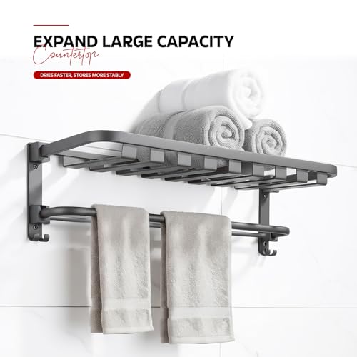 Image of Amazon Basics Foldable 24 Inch Towel Rack for Bathroom - Wall Mounted Space-Saving Aluminum Towel Holder with Double Tier Shelf, Rod & Hooks - Rustproof Bathroom Accessories