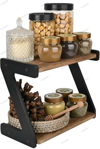 Image of Yookeer 2-Tier Spice Rack, kitchen organizer rack, Rustic Brown and Black, Z-Shape Countertop Organiser, 33x16x25 cm (RUSTIC BROWN)