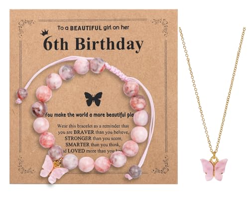 CHUNG Girls Natural Stone Beaded Bracelet Pink Butterfly Necklace 6-12 Years Old Birthday Gifts Christmas for Daughter Granddaughter Niece
