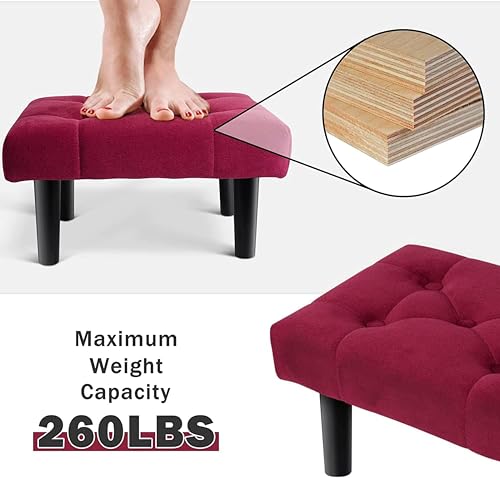 Image of Small Velvet Soft Foot Rest Footstool Ottoman with 4 Wooden Legs, Additional Seating Sofa Footrest for Living Room Entryway Set of 2 Pink