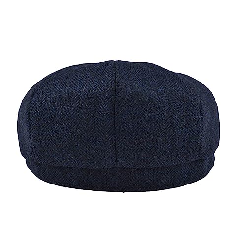 Botvela Men's 8 Panel Wool Blend Newsboy Flat Cap Herringbone Tweed Hat (Navy, 7 7/8) #TOP3
