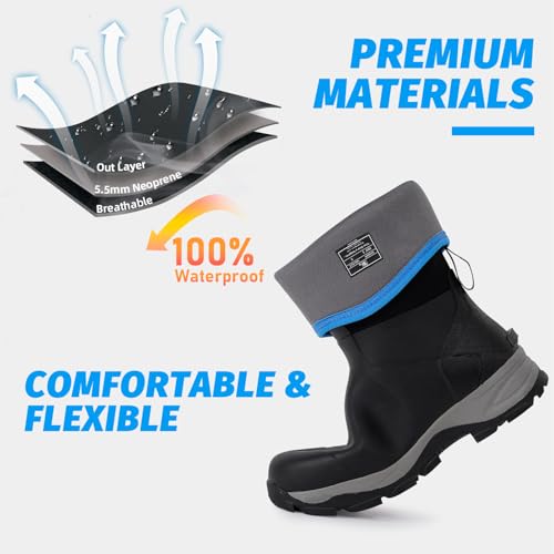 Rubber Boots for Men with Steel Shank, Waterproof Mid Calf Mens Rain Boots, 5.5mm Neoprene Insulated Mud Work Boots for Garden, Size 6-134