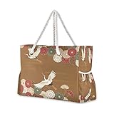 Material: Polyester. Hunihuni Strandtasche mit japanischem Kranich Blumenmuster, Schultertasche Reisetasche mit Baumwollseil-Griffen, Reißverschluss oben, zwei Außentaschen
