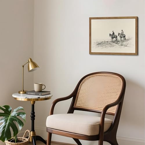 Image of Framed Western Wall Art, Cowboys on Horses Sketch Picture Print, Western Wall Decor, Vintage Country Farmhouse Western Cowboys Canvas for Living Room Bedroom Home 16x24 inch