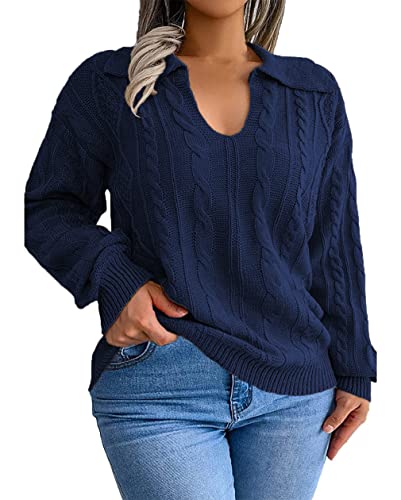 Image of Plus Size Sweaters for Women Polo V Neck Chunky Cable Knit Pullovers 1X-5X