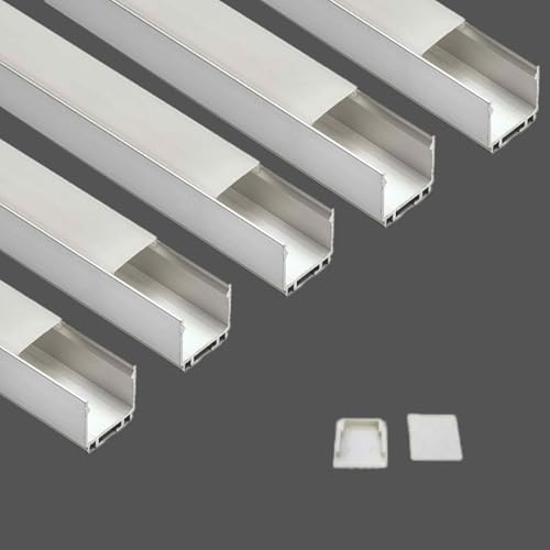 Image of Lighting (25x25mm) LED Strip Light 1Meter Aluminium Rectangular Surface Profile Light Channels with Diffused Cover, End Caps and Mounting Clips Without LED Straight Linear - Pack of 5