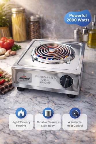 Image of Johnpower Electric Hot Plate 2000 Watt Stainless Steel | Single Burner Portable Stove | Heavy Duty Coil Hot Plate | Adjustable Temperature Control | Chrome Finish Table Top Electric Stove