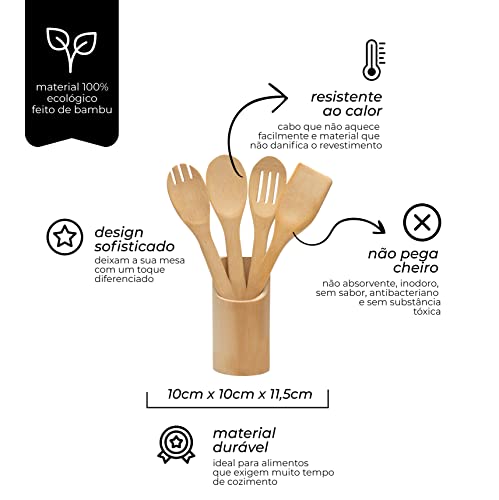 Mimo Style Kit de Utensílios 5 Peças Ecokitchen, Produzido em Bambu 100% Ecológico, Utensílios Resis