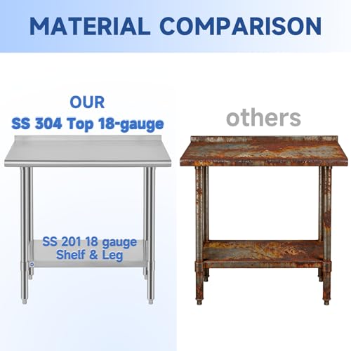 Image of ROCKPOINT SS304 Top All Stainless Steel Table for Prep & Work with Backsplash 30x48 Inches, NSF Commercial Kitchen Heavy Duty Table with Adjustable Undershelf for Restaurant,Kitchen, Home and Hotel