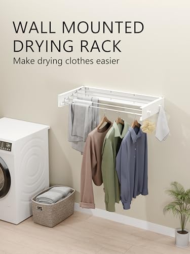 JOOM Laundry Drying Rack Collapsible, Wall Mounted Drying Rack, Clothes Drying Rack, 31.5" Wide, 5 Aluminum Rods, 60 lb Capacity (White 31.5" with Hooks) - Image 2