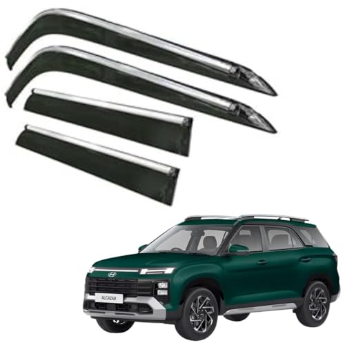 Image of CAR SAAZ Side Door Visors for Alcazar (2024-Present)(Set of 4Pcs)|Smoke Finish Chrome Lined Rain Guards, Polycarbonate