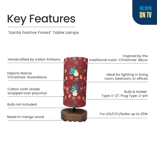 Image of ExclusiveLane 'Santa Festive Forest' Mango Wood Decorative Table Lamp for Bedroom (35.2 Cm, Without Bulb, Handcrafted) | Table Lamp for Living Room Christmas Gifts for Home Chirstmas Decoration Items