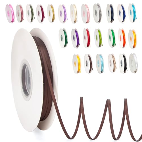 POPOYU Thin Ribbon Satin Ribbon 3mmx91m, Coffee Curling Ribbons for Crafting Gift Wrapping