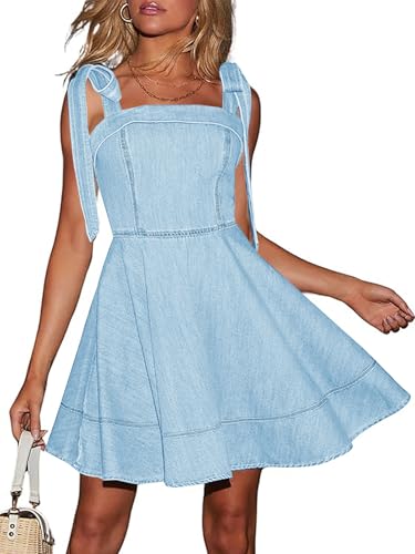 utcoco Denim Dress for Women Tie Shoulder Straps Sleeveless Backless Ruffle A Line Swing Babydoll Mini Jean Dresses (Medium, Light Blue)