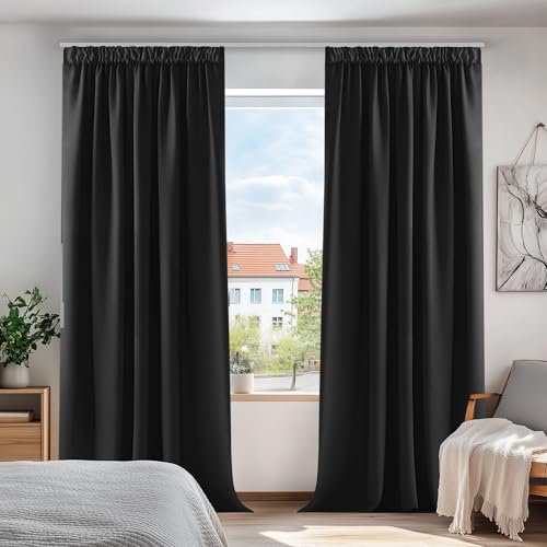 Deconovo Cortinas Opacas para Dormitorio Salon para Ganchos o Pase por la Barra, Cortinas Térmicas Aislantes Frio y Calor 2 Piezas, 140x245 cm, Negro