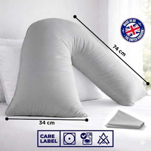 ARLINENS V Pillow With Pillowcase - Orthopedic V Pillow, Hollow Fiber V Pillow For Neck, Back, Pregnancy & Nursing Support Pillow-with polycotton pillowcase Standard Size 74 x 34cm (Grey) - 5