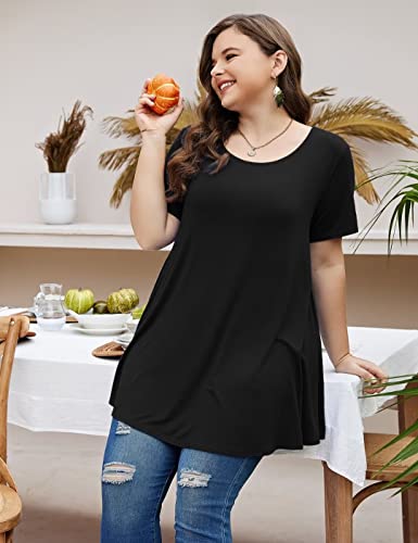 MONNURO Womens Short Sleeve Casual Loose Fit Flare Swing Tunic Tops Basic T-Shirt Plus Size2
