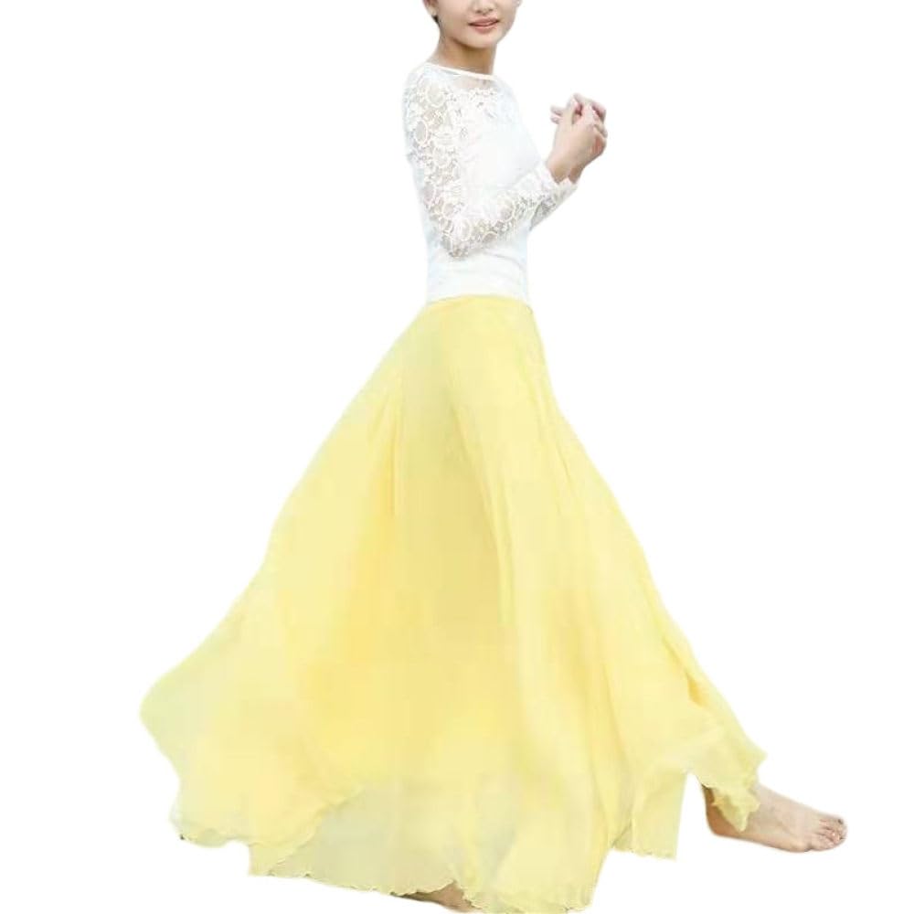TatbUL Gonne,Gonna Midi in Chiffon Giallo da Donna Boho 8M Grande Gonna Plissettata Swing Flowy Leggera A-Line Increspato Ruffle Mopping Floor Beach Gonne Lunghe per Ragazze Ladies