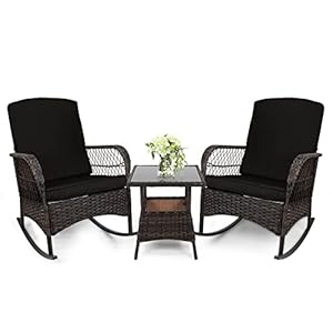 LEVELEVE 3 pcs Rocking Bistro Set Conversation Chairs PE Wicker Outdoor Rocking ChairsRocking SetBlack