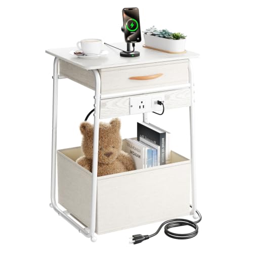 Image of End Table with charging station White Side Table with Storage Rectangular