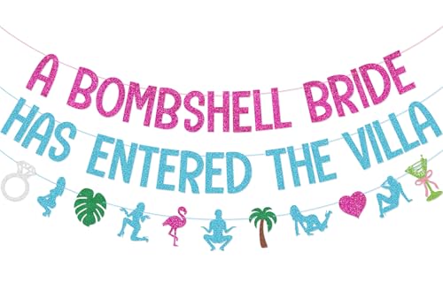 Image of A Bombshell Bride Has Entered The Villa Banner Garland for Tropical Island Themed Bachelorette Party Decorations