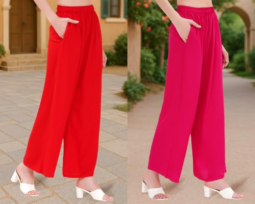 Image of Buy That Trendz Palazzo Pants for Women Cotton Rayon Elasticated Regular Fit Flared Wide Leg M to 6XL Pack of 2