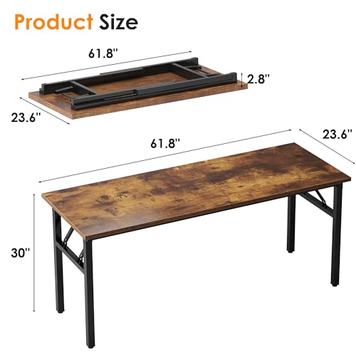 Image of Need Large Computer Desk, 62 inches Long Office Desk, No Install Needed Folding Table Writing Table Workstation for Small Space, Rustic Brown