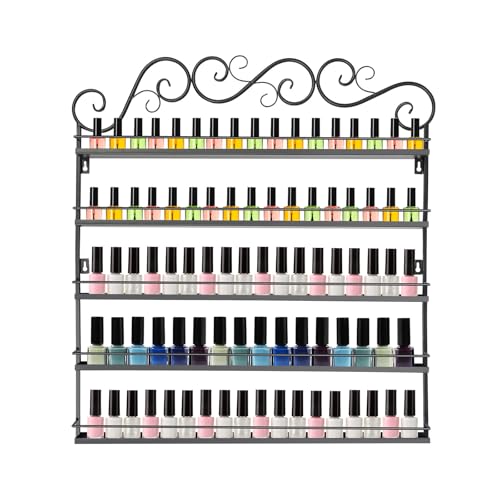Image of 5-Tier Wall Mount Nail Polish Rack, Black Metal Storage for 100-120 Bottles | Protective Strips | Cosmetic & Essential Oil Storage Shelf Display Organizer | For Home Salon, Spa Shops & Vanity