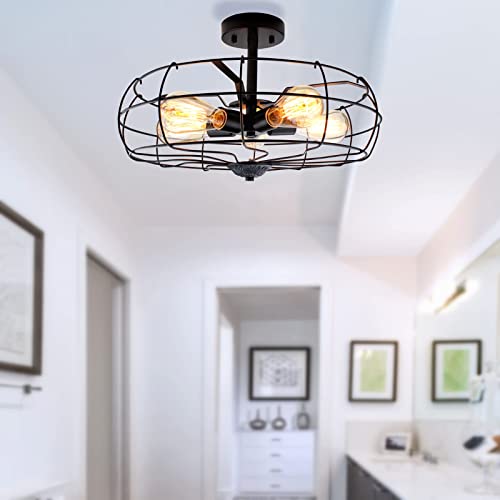 Jose2015 CEIL1221 Vintage Semi Flush Mount Ceiling Light Industrial Cage Ceiling Light Fixture Black 5-Light E26 Farmhouse Lighting thumb #5