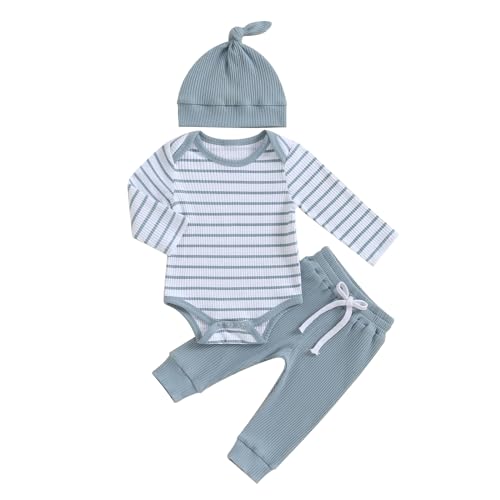 Image of Newborn Baby Boy Girl Outfits Long Sleeve Striped Ribbed Knitted Romper Pants Hat 3Pcs Infant Fall Winter Clothes