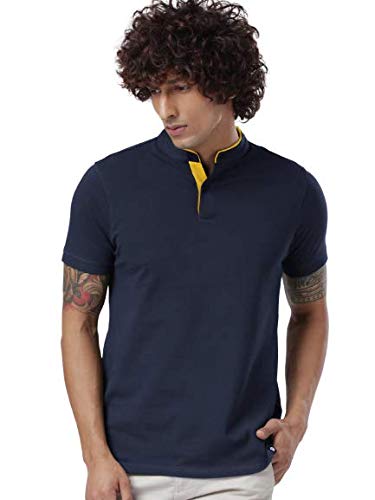 Image of The Souled Store Solids: Navy Blue Mens Cotton Mandarin Polo Mandarin Polos Fashionable Trendy Graphic Prints Pop Culture Merchandise