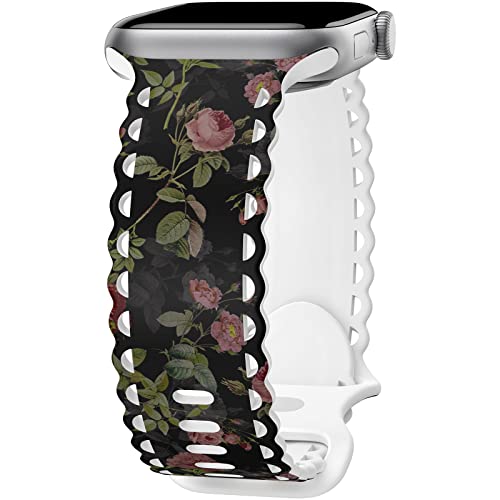 Image of Compatible with Apple Watch Band 41mm 40mm 38mm 49mm 45mm 44mm 42mm Women Girl, Rose Floral Print Lace Hollow-out Soft Silicone Sport Bands For iWatch Ultra SE Series 10 9 8 7 6 5 4 3 2, RosR-38