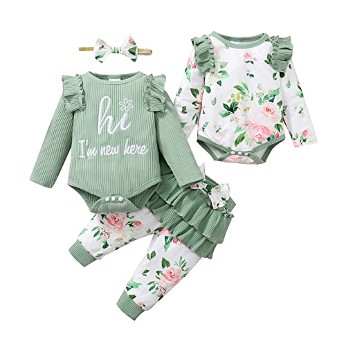 Borlai 4 St&uuml;ck neugeborenes Baby M&auml;dchen Kleidung Set lange &Auml;rmel Rippe R&uuml;sche Strampler Top + Floral Hosen Stirnband Outfit Set 0-18M