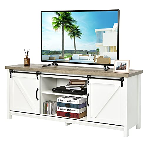 COSTWAY Farmhouse TV Stand for TVs up to 60 Inches, Wooden TV Cabinet Media Entertainment Center with Sliding Barn Door and Storage Shelves, TV Console Table for Living Room Bedroom (White)