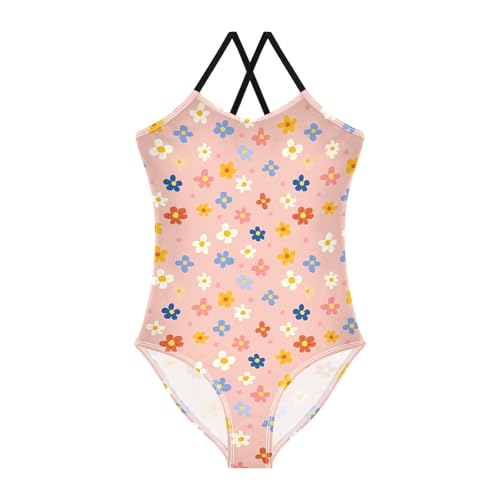 senya Girls Swimsuits One-Piece Swimwear Tie Bathing Suit Beach Summer Round Neck 5-6T Flowers Pink Background Pattern