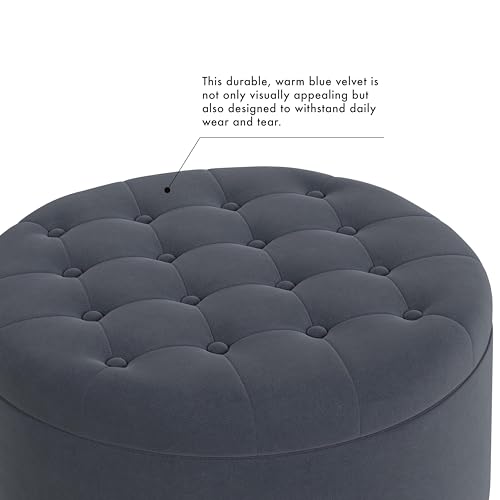 Image of HomePop 28 inch Button Tufted Velvet Round Storage Ottoman - Steel Blue Velvet