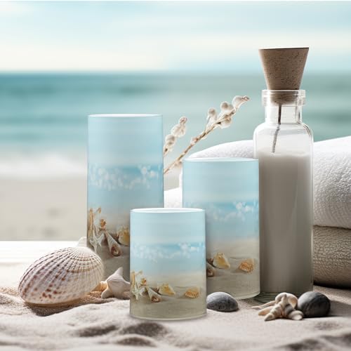 Image of Tujoe 3 Pcs Summer Starfish Flameless Candles LED Battery Pillar Candles Set Battery Operated Flickering Gifts with Remote Starfish Decorations for Holiday