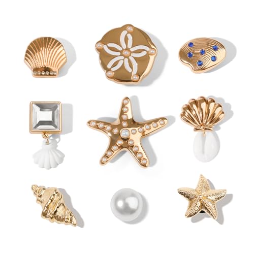 1Set Gold-Toned Shoe Charms Flower & Ocean Themed Decorations with Chain for hole sandals Clogs Shell & Starfish DIY Charms for Women(Ocean & Shell Charm Set)