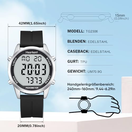 Hearkent Herren Schrittzähler Uhr Ohne Bluetooth,30M wasserdichte,Großen Ziffern,Senioren...