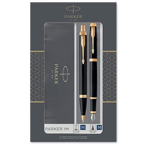 Parker IM Duo coffret-cadeau avec stylo bille et stylo plume | finition noire laquée avec attributs or | recharge et cartouche d’encre bleue | coffret-cadeau