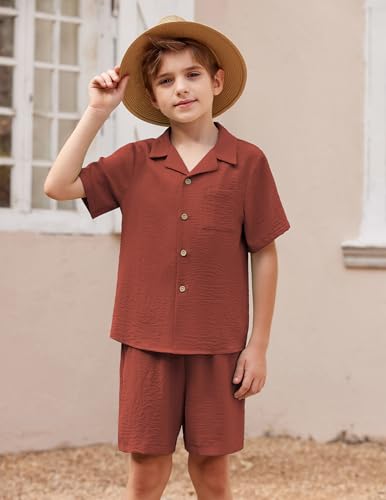 Image of Arshiner Boys 2 Pieces Summer Beach Outfits Short Sleeve Button Down Shirts and Shorts Vacation Texture Sets for Kids