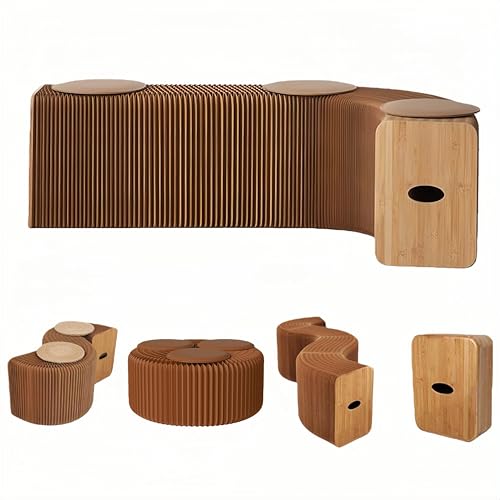 アコーディオン 椅子 紙 折りたたみスツール ペーパーベンチ スツール 折り畳み 伸縮 紙製ベンチ 軽量 コンパクト一屋内やレストランでのくつろぎに最適 省スペース ソファ​ (茶色, 高さ30cm 長さ1.5m + 革パッド3枚)