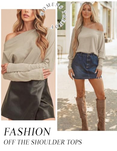 Image of Aifer Women's Off The Shoulder Tops Sexy Long Sleeve Shirts Oversized Fashion Casual Batwing Sweaters Pullover Tunic Tops