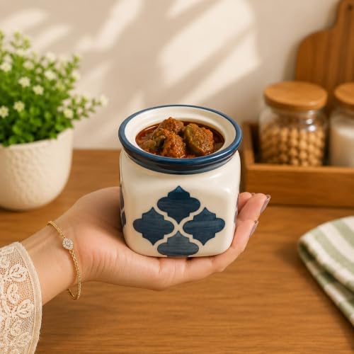 Image of Niyara Multipurpose Storage Ceramic Pickle set Jars with Lid & tray (Set of 4, 300 ml) (grey print pickle set of 3)